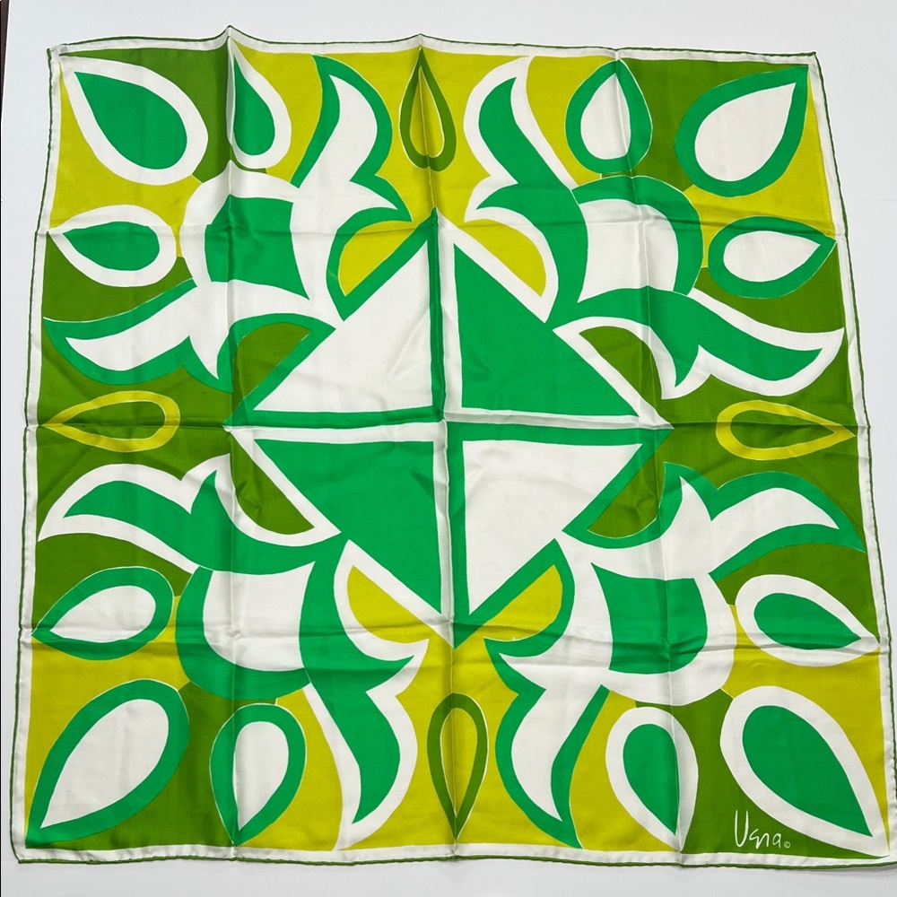 Vintage Vera Neumann geometric design neon greens and white 60’s scarf Japan